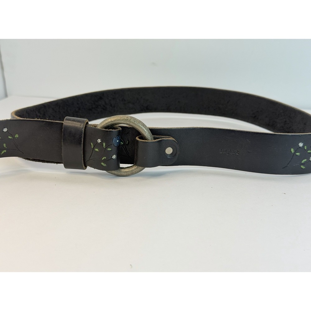Womens Black Leather Billykirk Belt Floral Accents Round Buckle Waist Size M